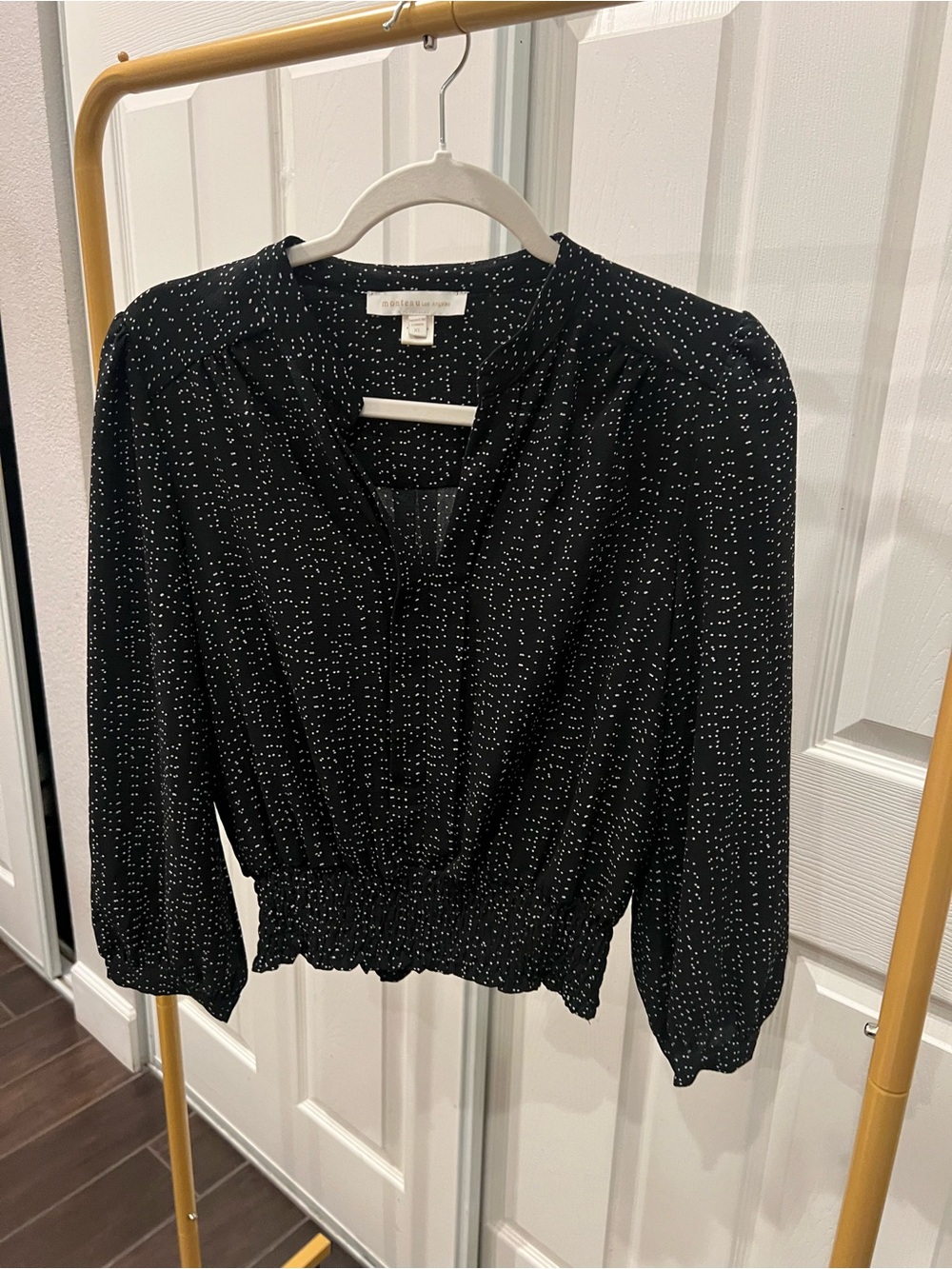 Black Dotted V-Neck Smocked-Hem Blouse